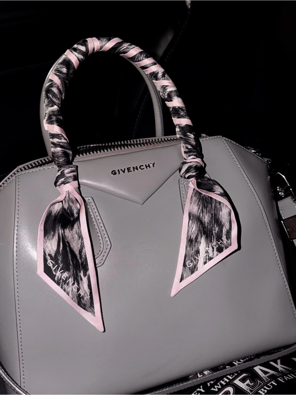 Givenchy Black and Light Pink Patterned Silk Scarf Twilly